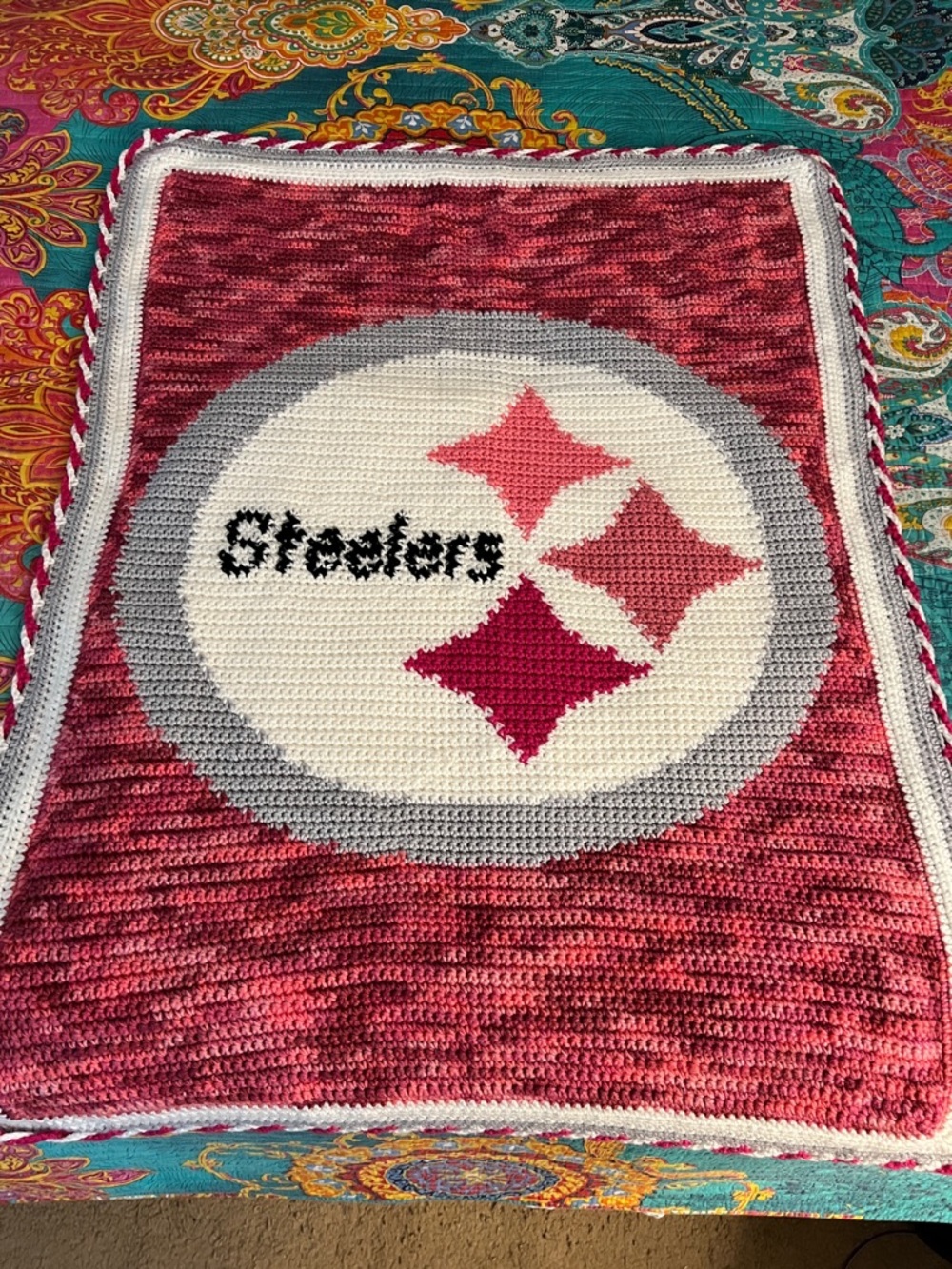 Crocheted NFL Team Pittsburgh Steelers Blanket in Pink and Cream